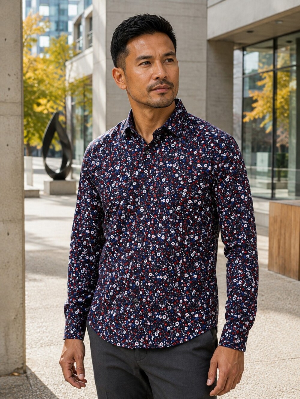 Denim & Flower Ricky Singh Floral Button Down Shirt Navy Red Men's L